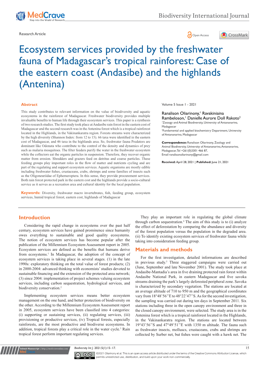 Ecosystem Services Provided by the Freshwater Fauna of Madagascar's