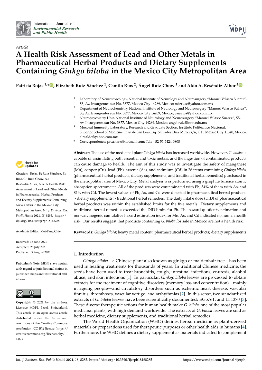 A Health Risk Assessment of Lead and Other Metals in Pharmaceutical