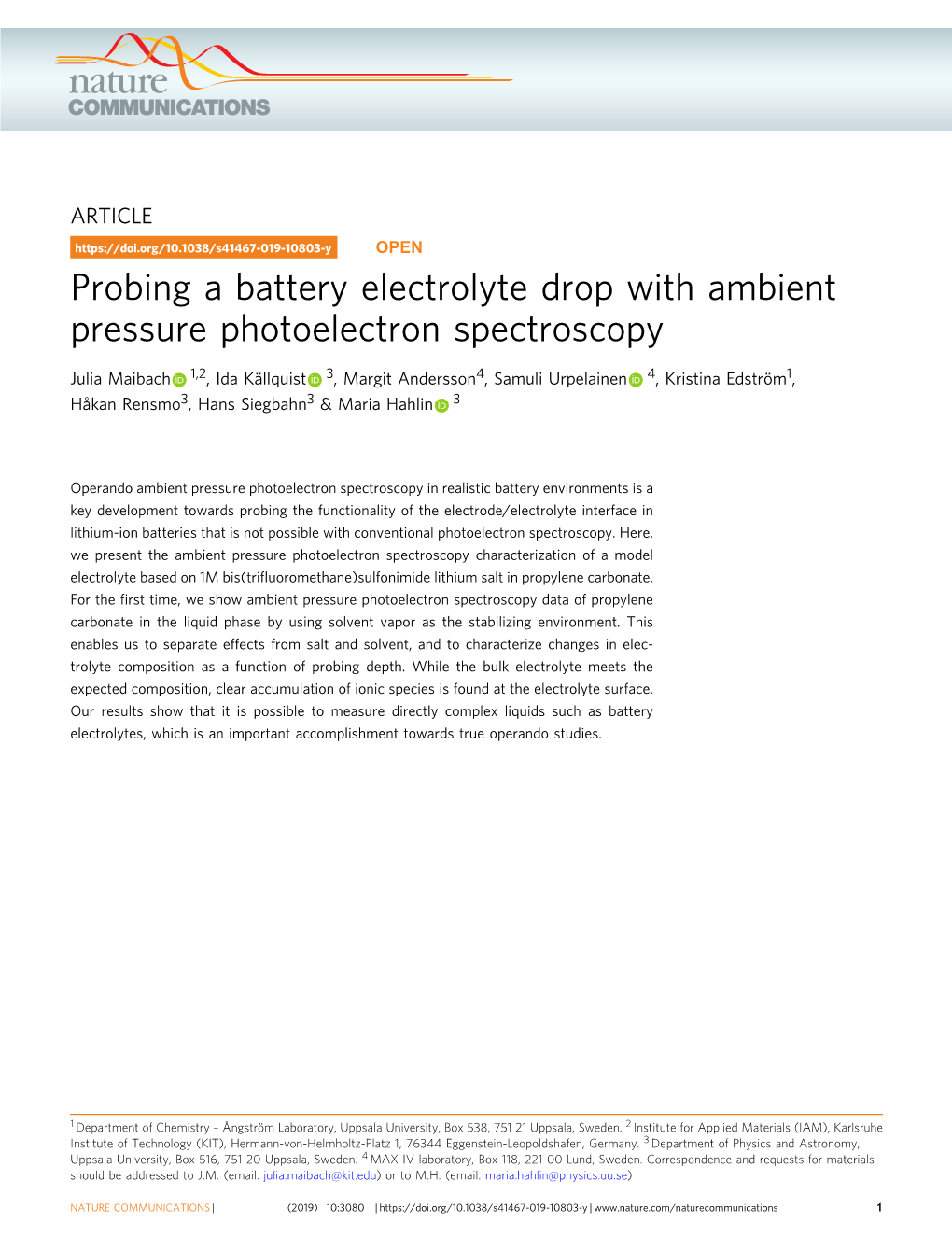 Probing a Battery Electrolyte Drop with Ambient Pressure Photoelectron Spectroscopy