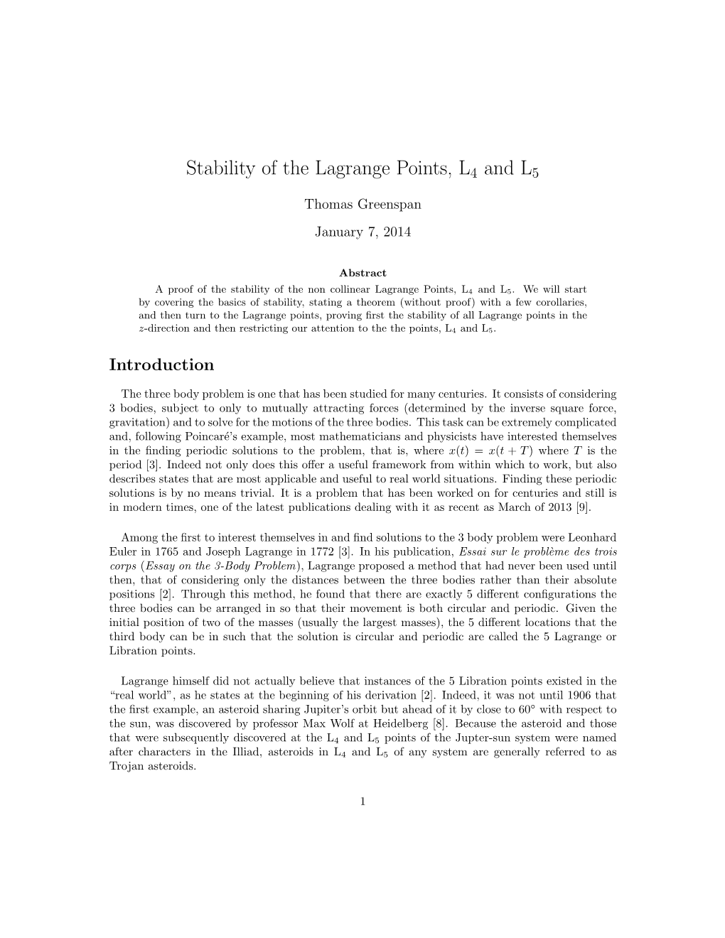 Stability of the Lagrange Points, L4 and L5