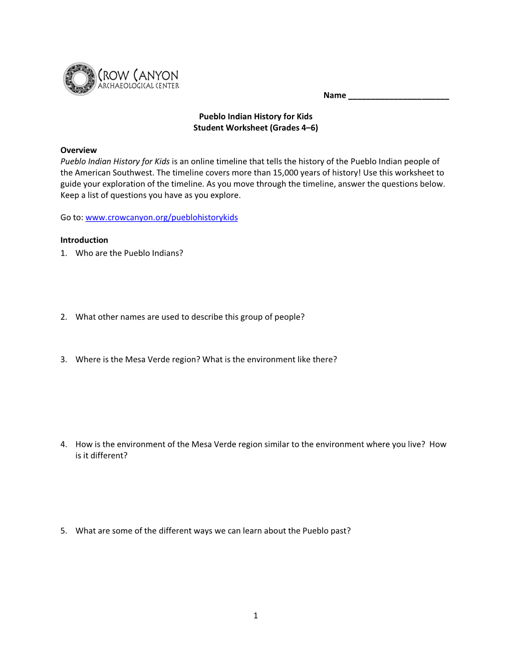 Pueblo Indian History for Kids Student Worksheet (Grades 4–6)