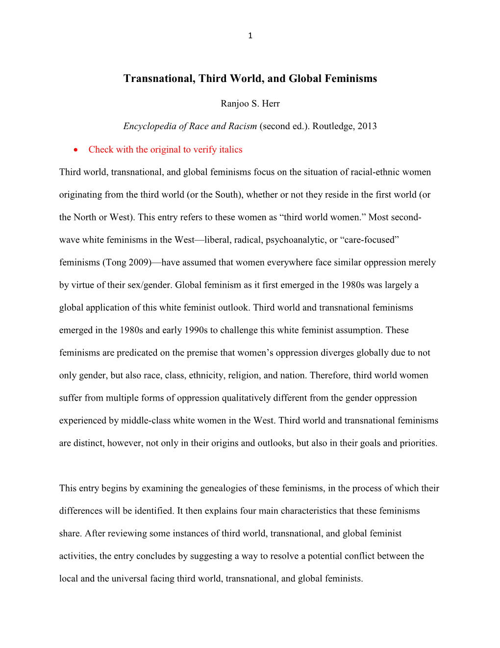 Transnational, Third World, and Global Feminisms