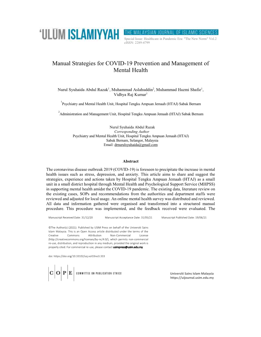 Manual Strategies for COVID-19 Prevention and Management of Mental Health