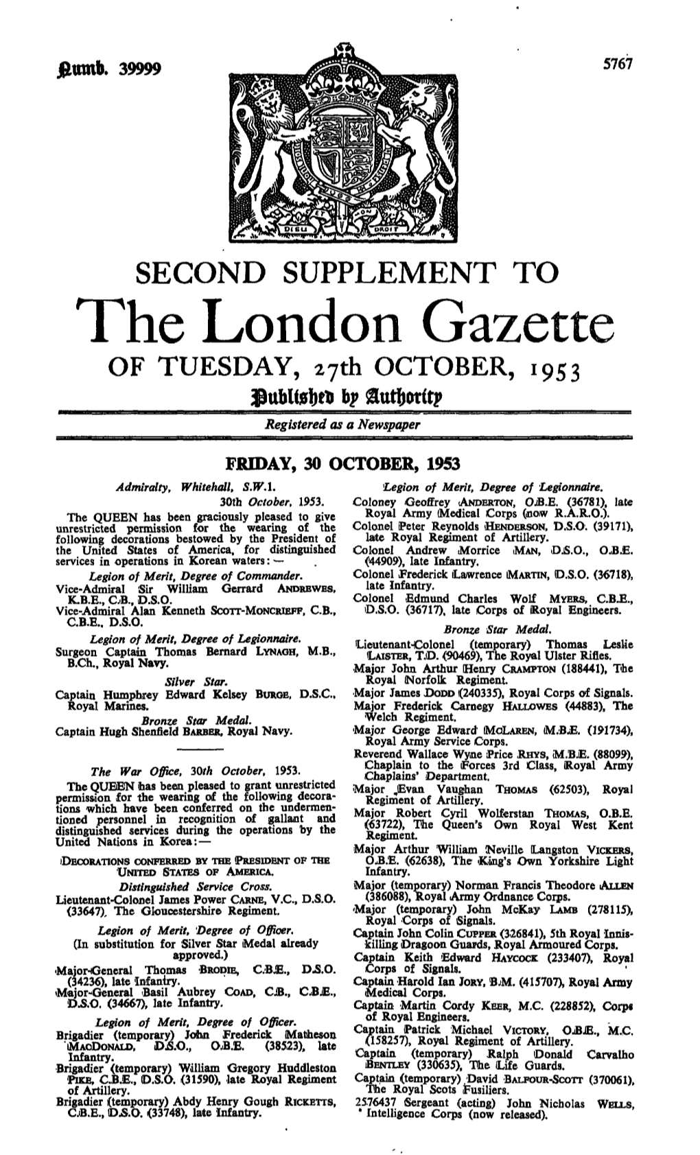 The London Gazette of TUESDAY, 27Th OCTOBER, 1953 B? Sut&Wit? Registered As a Newspaper