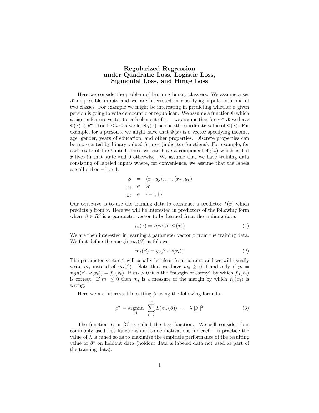 Regularized Regression Under Quadratic Loss, Logistic Loss, Sigmoidal Loss, and Hinge Loss