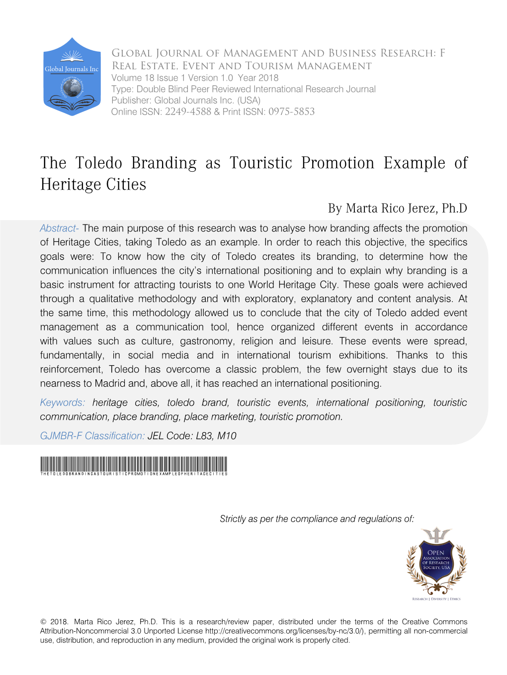 The Toledo Branding As Touristic Promotion Example of Heritage Cities by Marta Rico Jerez, Ph.D