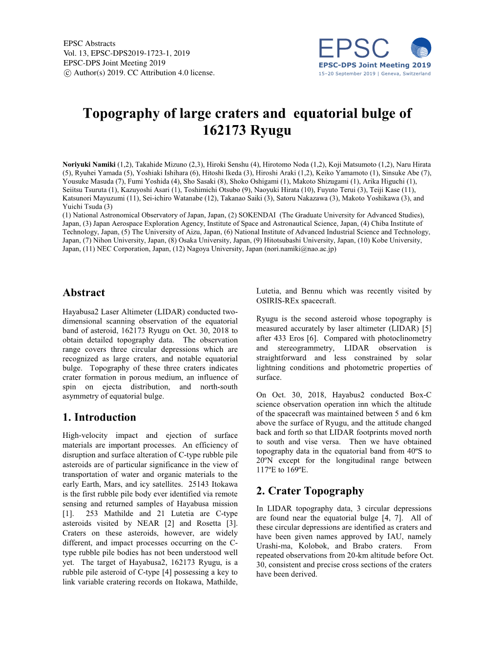 Topography of Large Craters and Equatorial Bulge of 162173 Ryugu