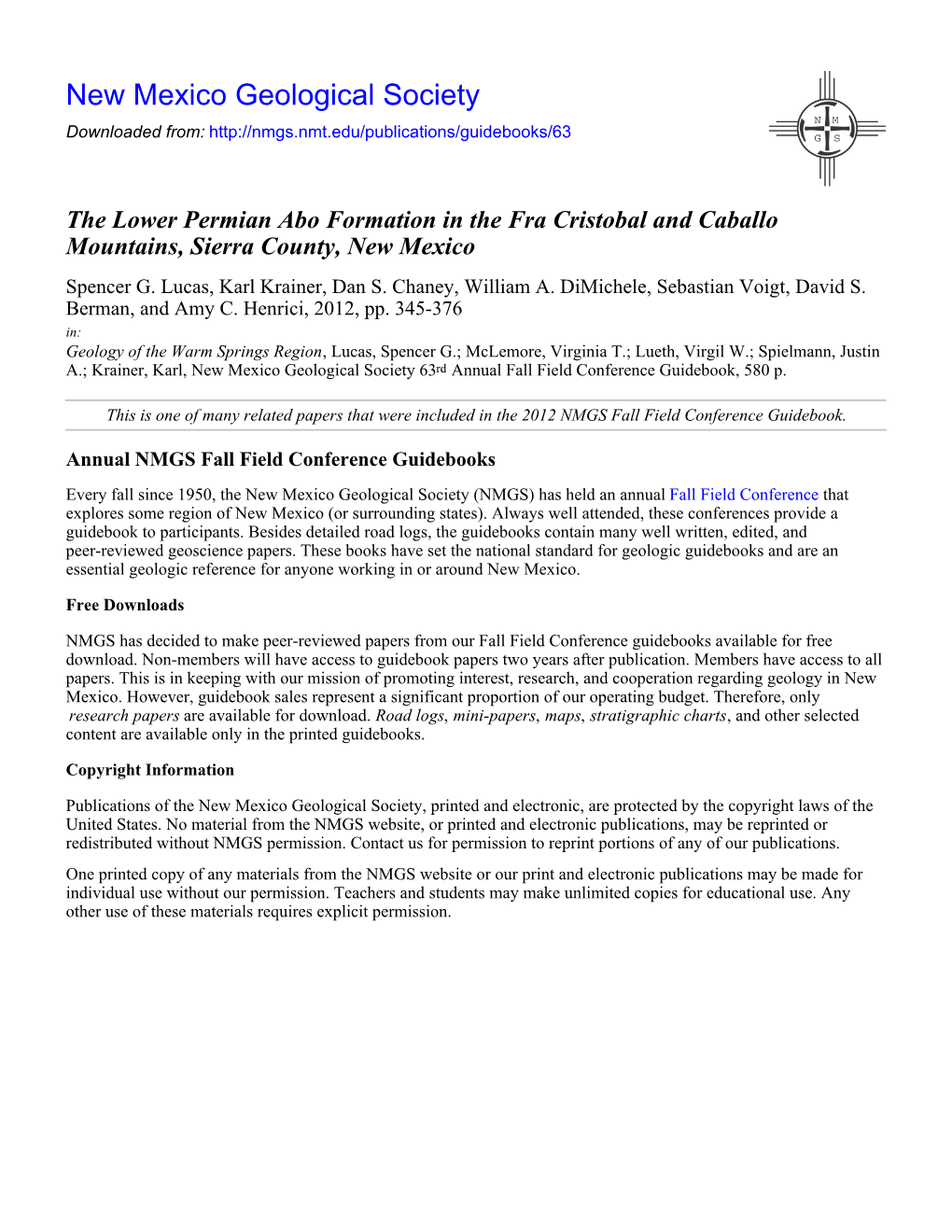 The Lower Permian Abo Formation in the Fra Cristobal and Caballo Mountains, Sierra County, New Mexico Spencer G