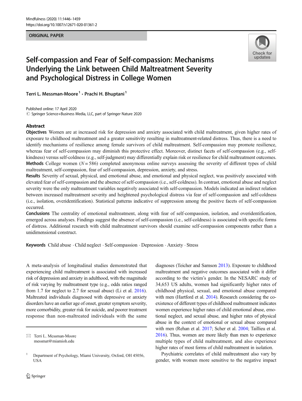 Mechanisms Underlying the Link Between Child Maltreatment Severity and Psychological Distress in College Women