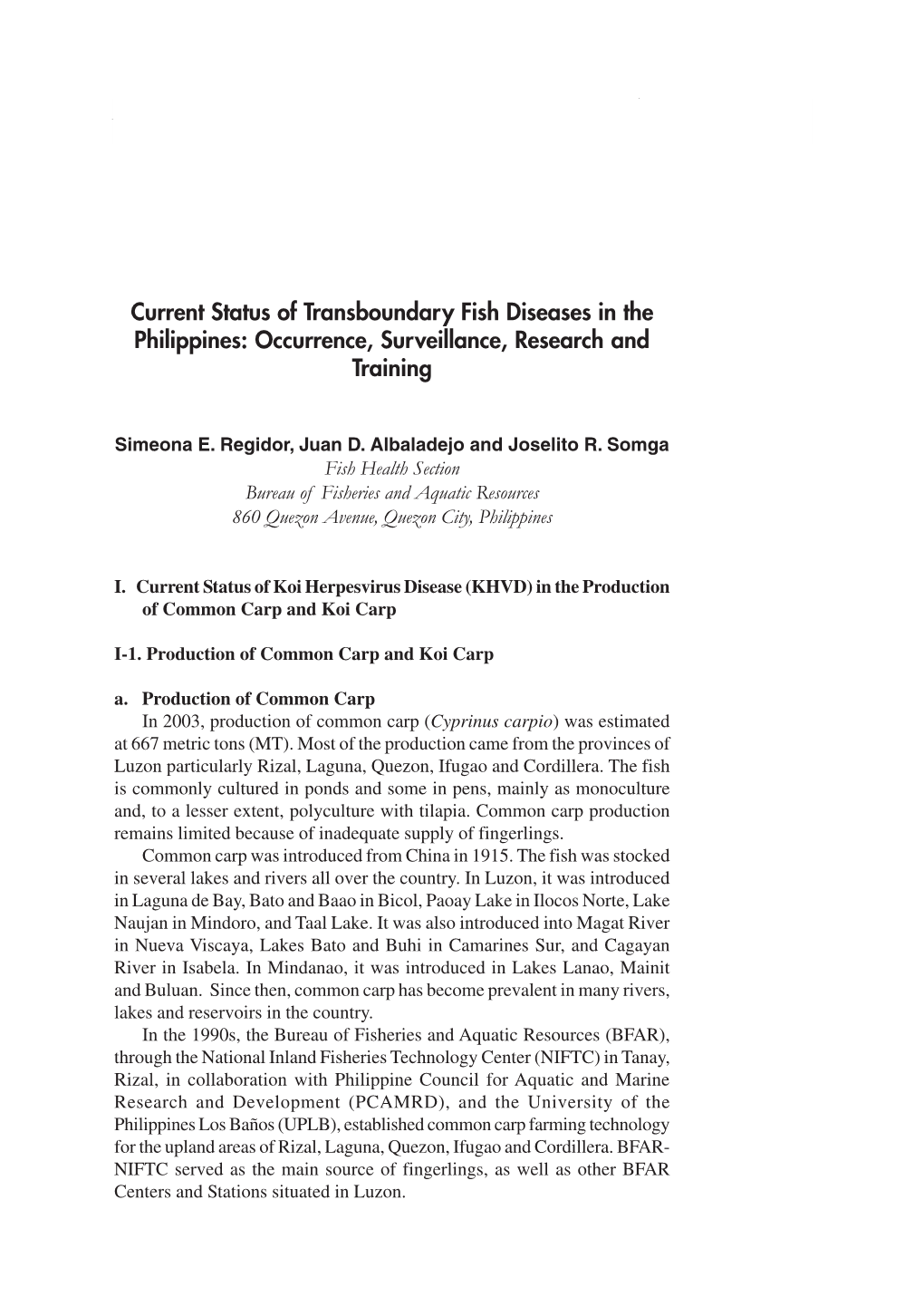 Current Status of Transboundary Fish Diseases in Philippines