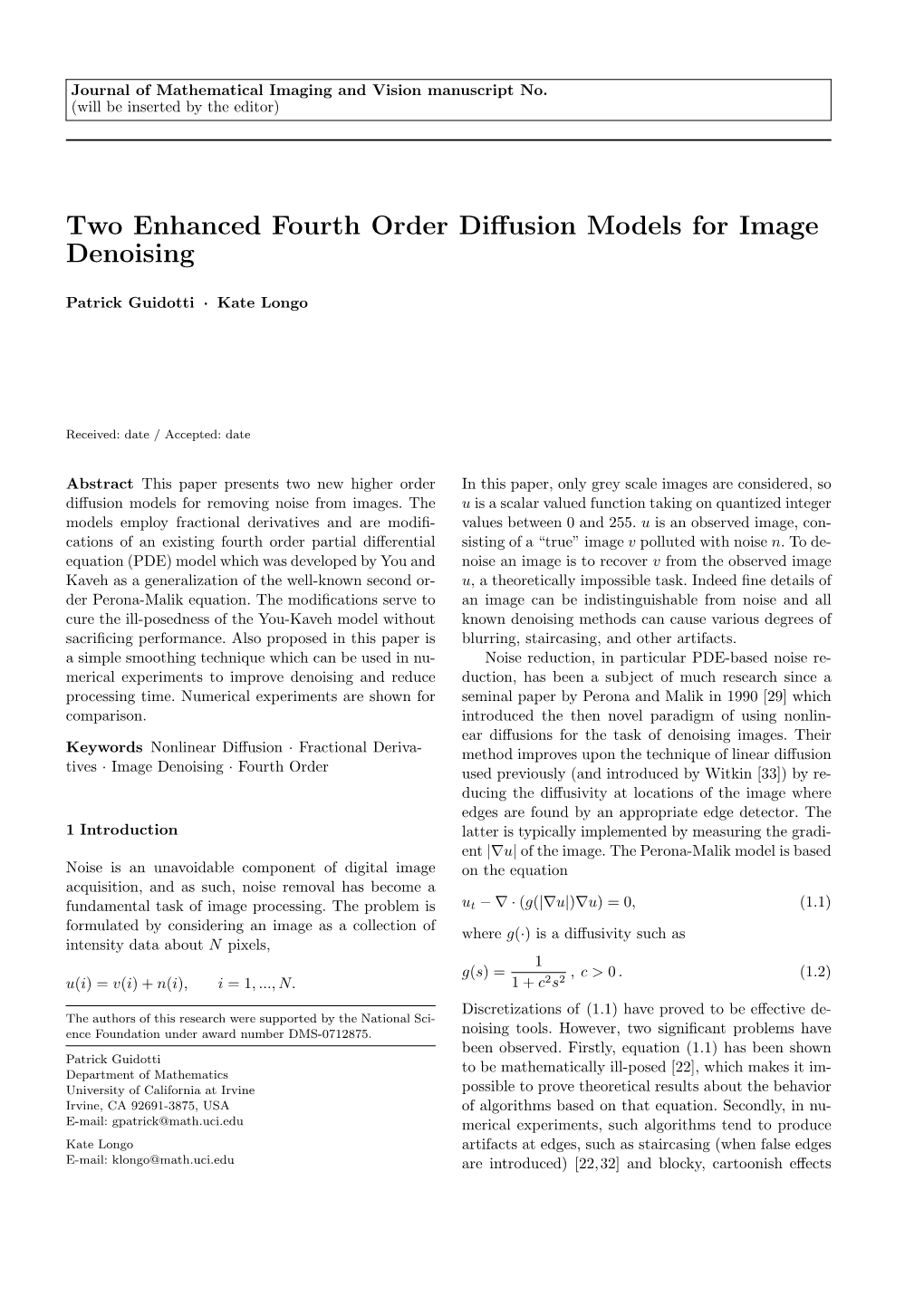 Two Enhanced Fourth Order Diffusion Models for Image Denoising