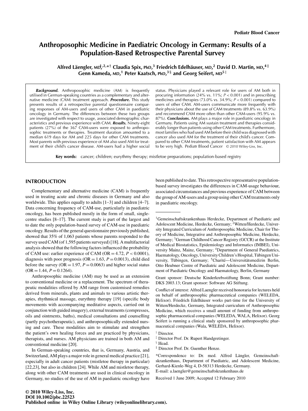 Anthroposophic Medicine in Paediatric Oncology in Germany: Results of a Population-Based Retrospective Parental Survey