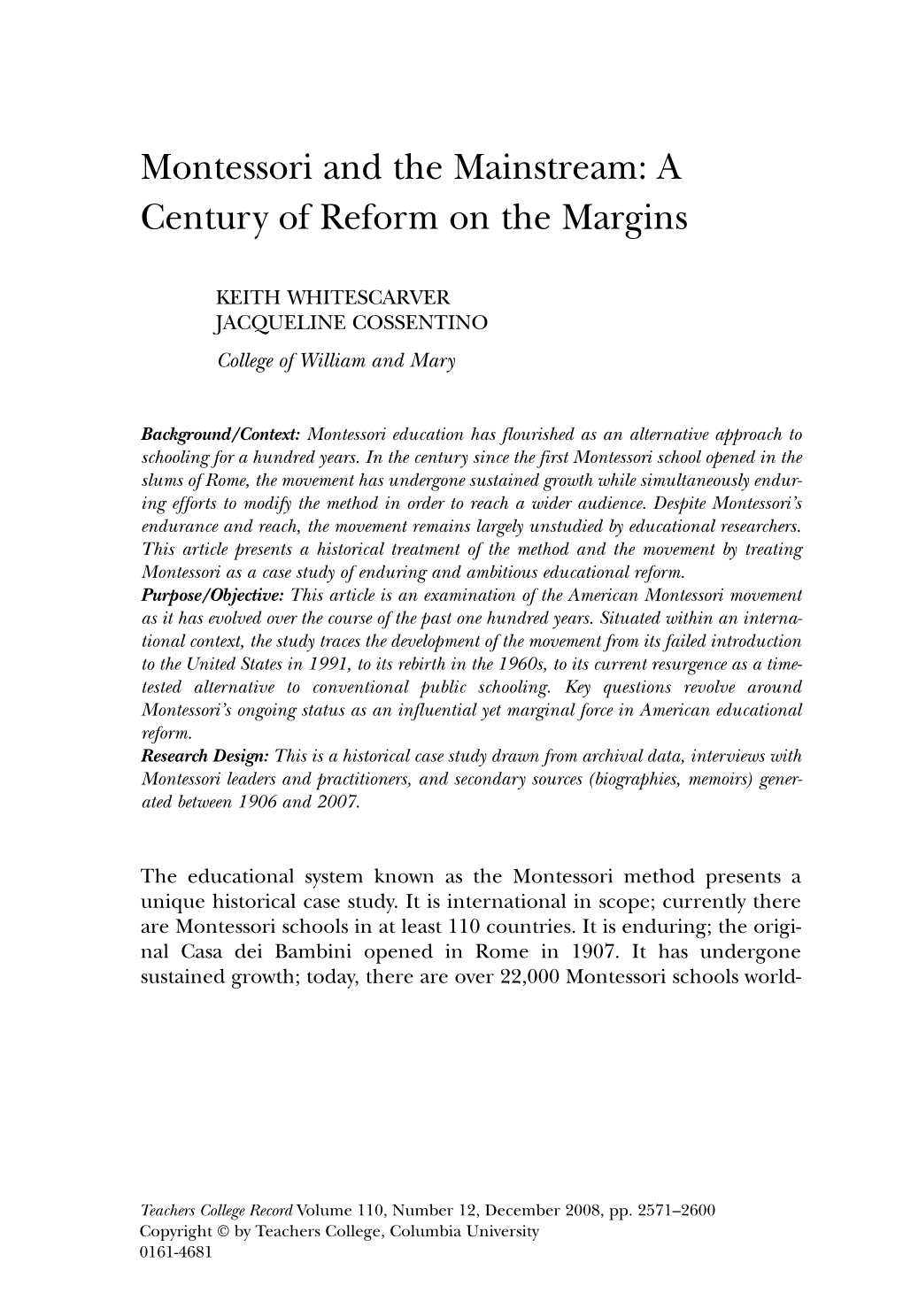 Montessori and the Mainstream: a Century of Reform on the Margins