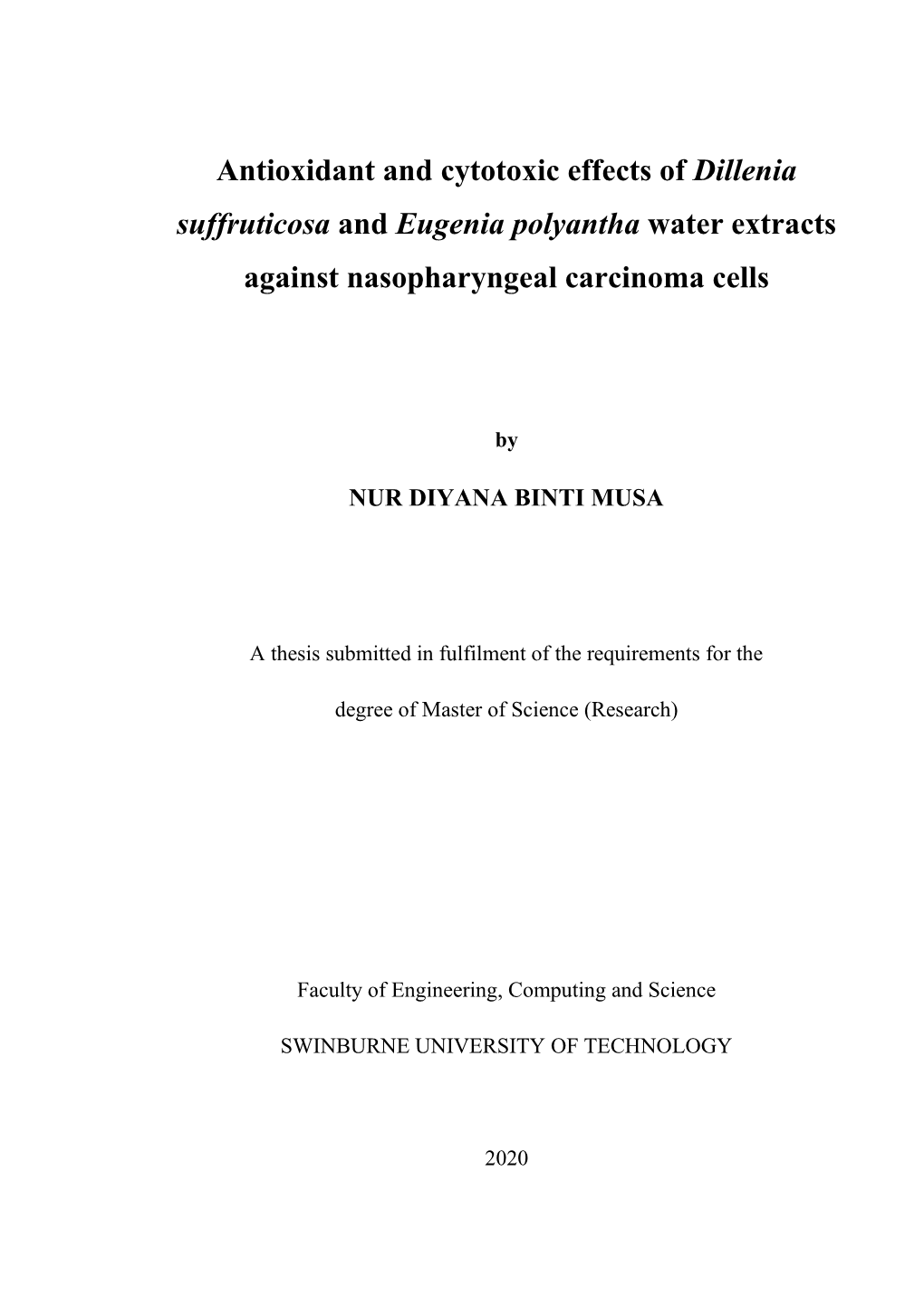 Antioxidant and Cytotoxic Effects of Dillenia Suffruticosa and Eugenia Polyantha Water Extracts Against Nasopharyngeal Carcinoma Cells