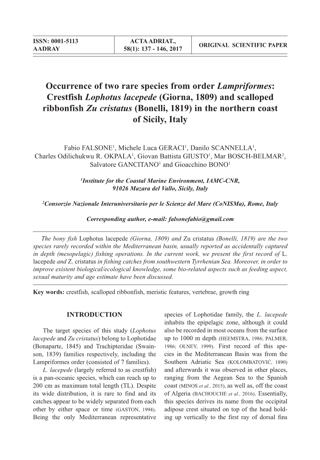 Crestfish Lophotus Lacepede (Giorna, 1809) and Scalloped Ribbonfish Zu Cristatus (Bonelli, 1819) in the Northern Coast of Sicily, Italy