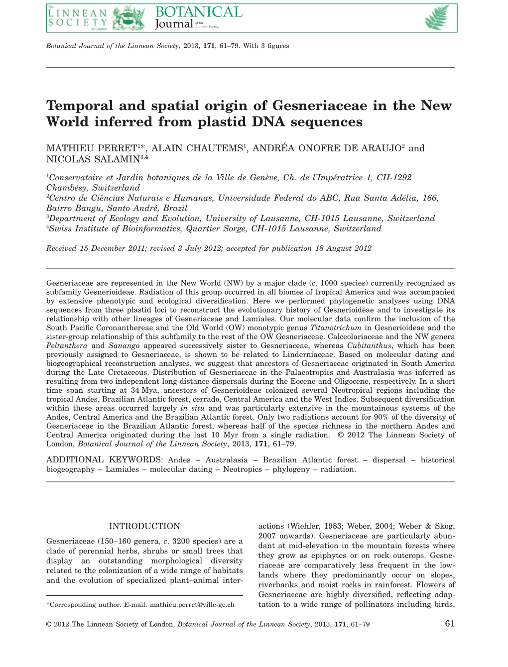 Temporal and Spatial Origin of Gesneriaceae in the New World Inferred from Plastid DNA Sequences