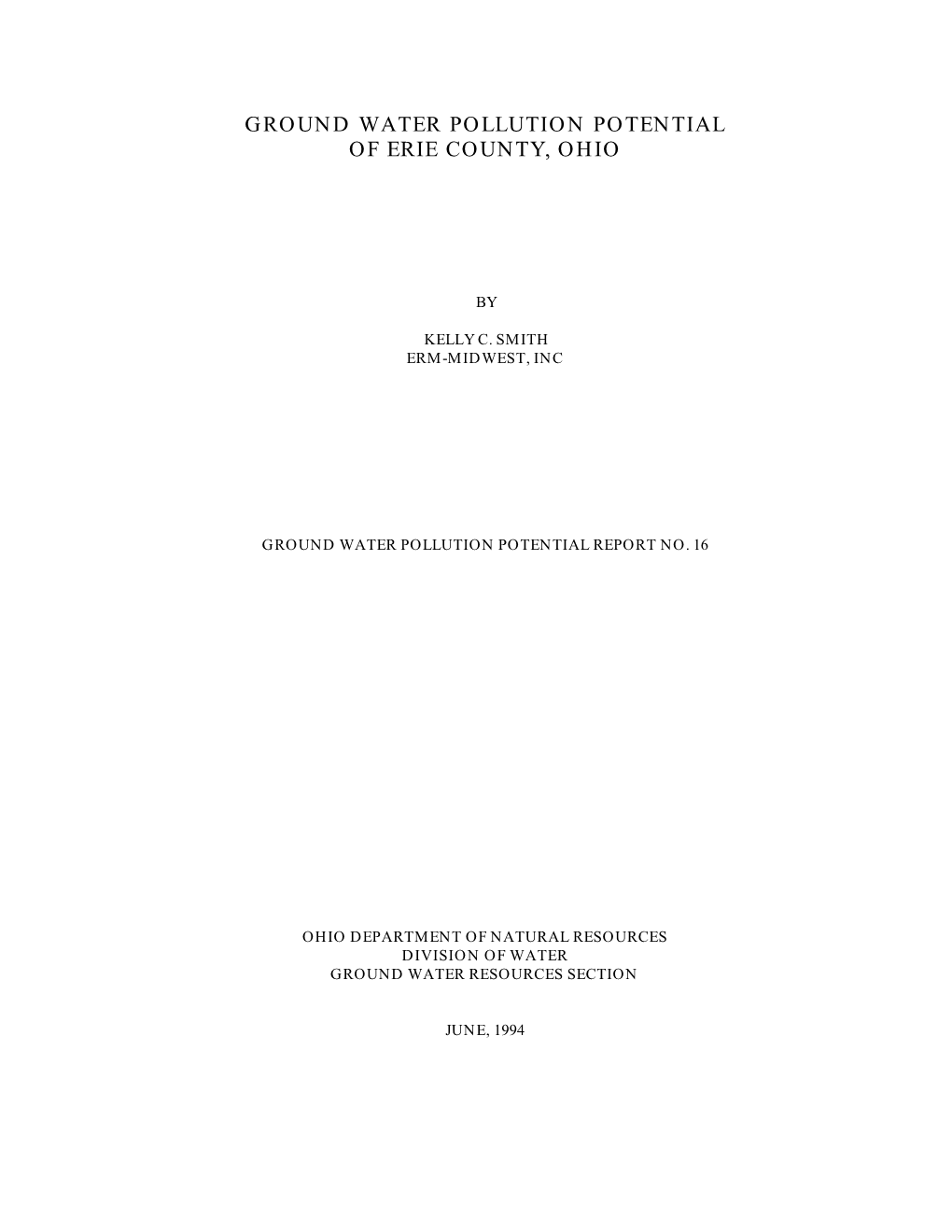Ground Water Pollution Potential of Erie County, Ohio