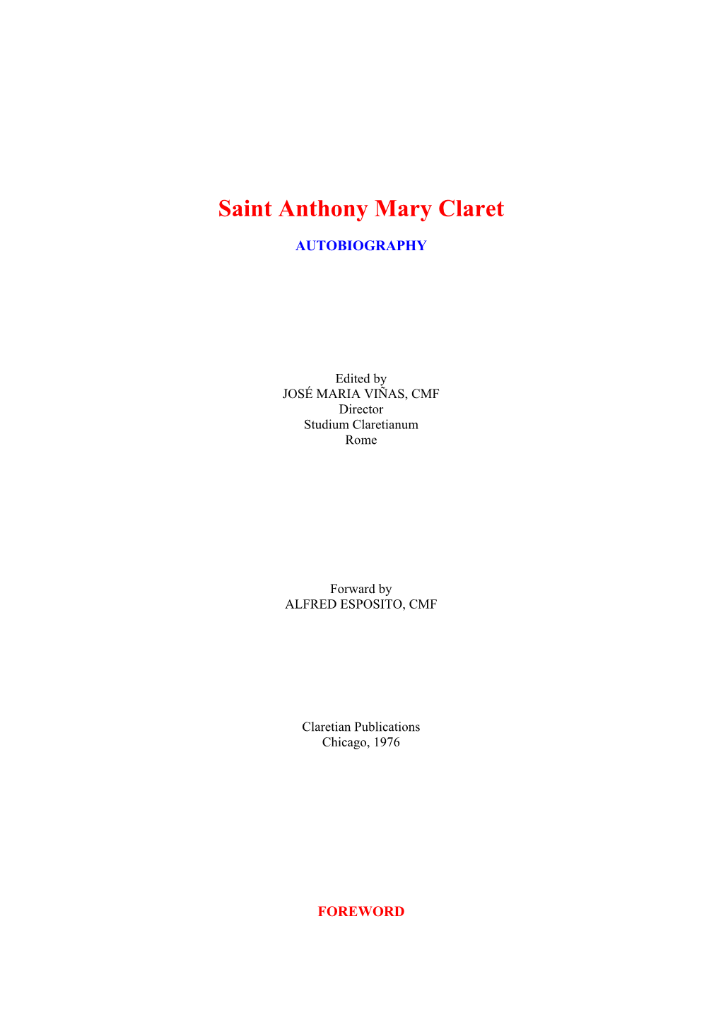 The Autobiography of St. Anthony Mary Claret