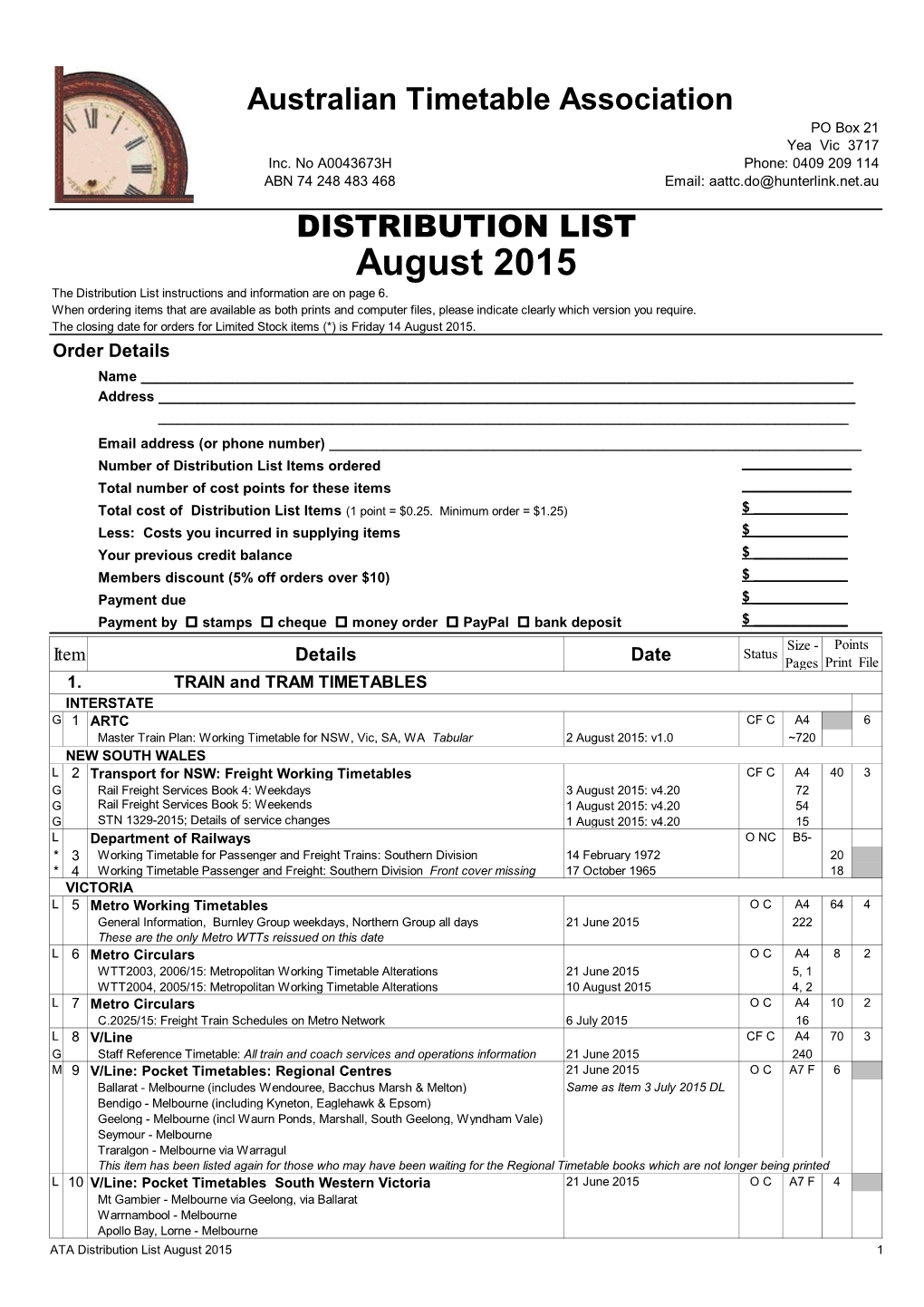 August 2015 the Distribution List Instructions and Information Are on Page 6