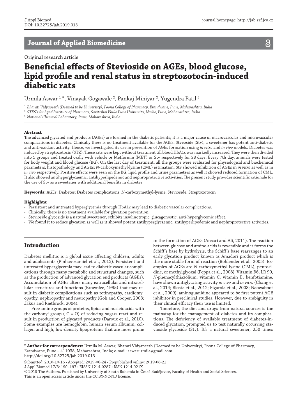 Beneficial Effects of Stevioside on Ages, Blood Glucose, Lipid Profile and Renal Status in Streptozotocin-Induced Diabetic Rats