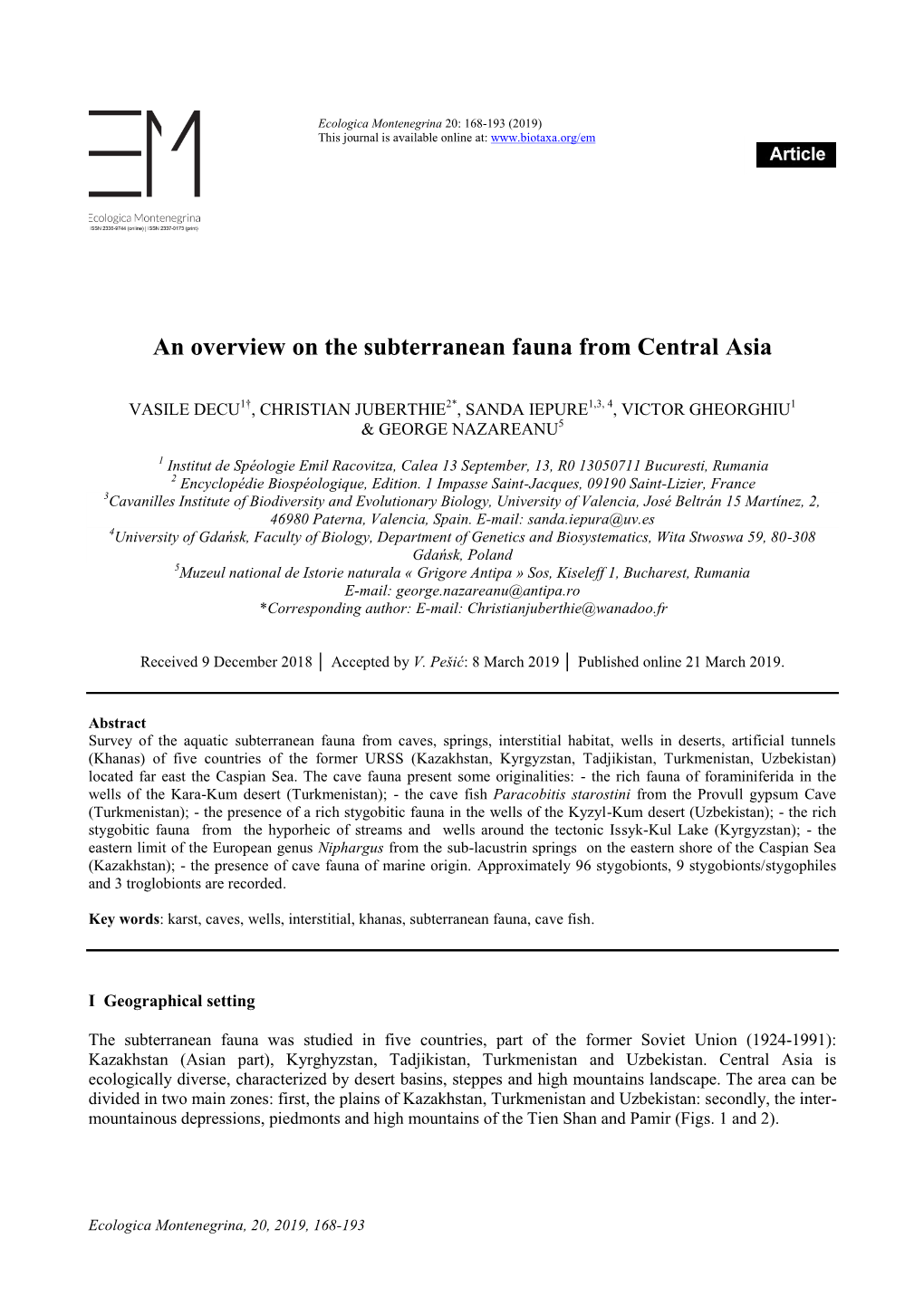 An Overview on the Subterranean Fauna from Central Asia