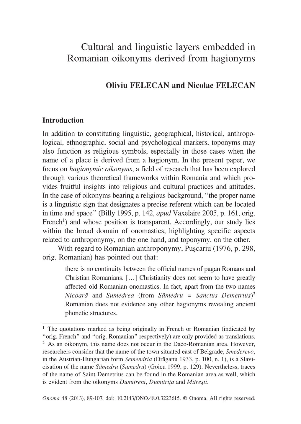 Cultural and Linguistic Layers Embedded in Romanian Oikonyms Derived from Hagionyms