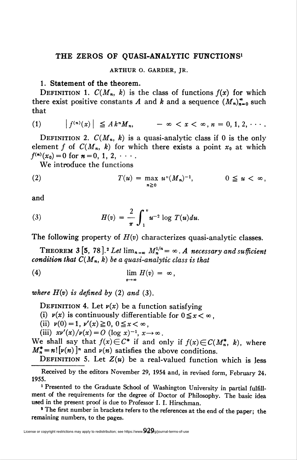 THE ZEROS of QUASI-ANALYTIC FUNCTIONS1 (3) H(V) = — F U-2 Log