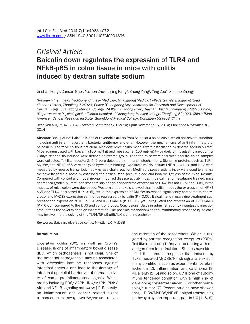 Original Article Baicalin Down Regulates the Expression of TLR4 and Nfkb-P65 in Colon Tissue in Mice with Colitis Induced by Dextran Sulfate Sodium