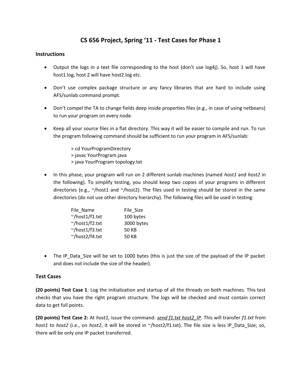 CS 656 Project, Spring 11 - Test Cases for Phase 1