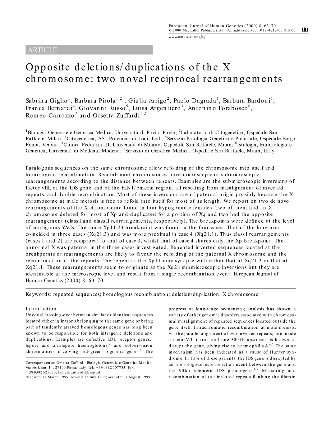 Opposite Deletions/Duplications of the X Chromosome: Two Novel Reciprocal Rearrangements