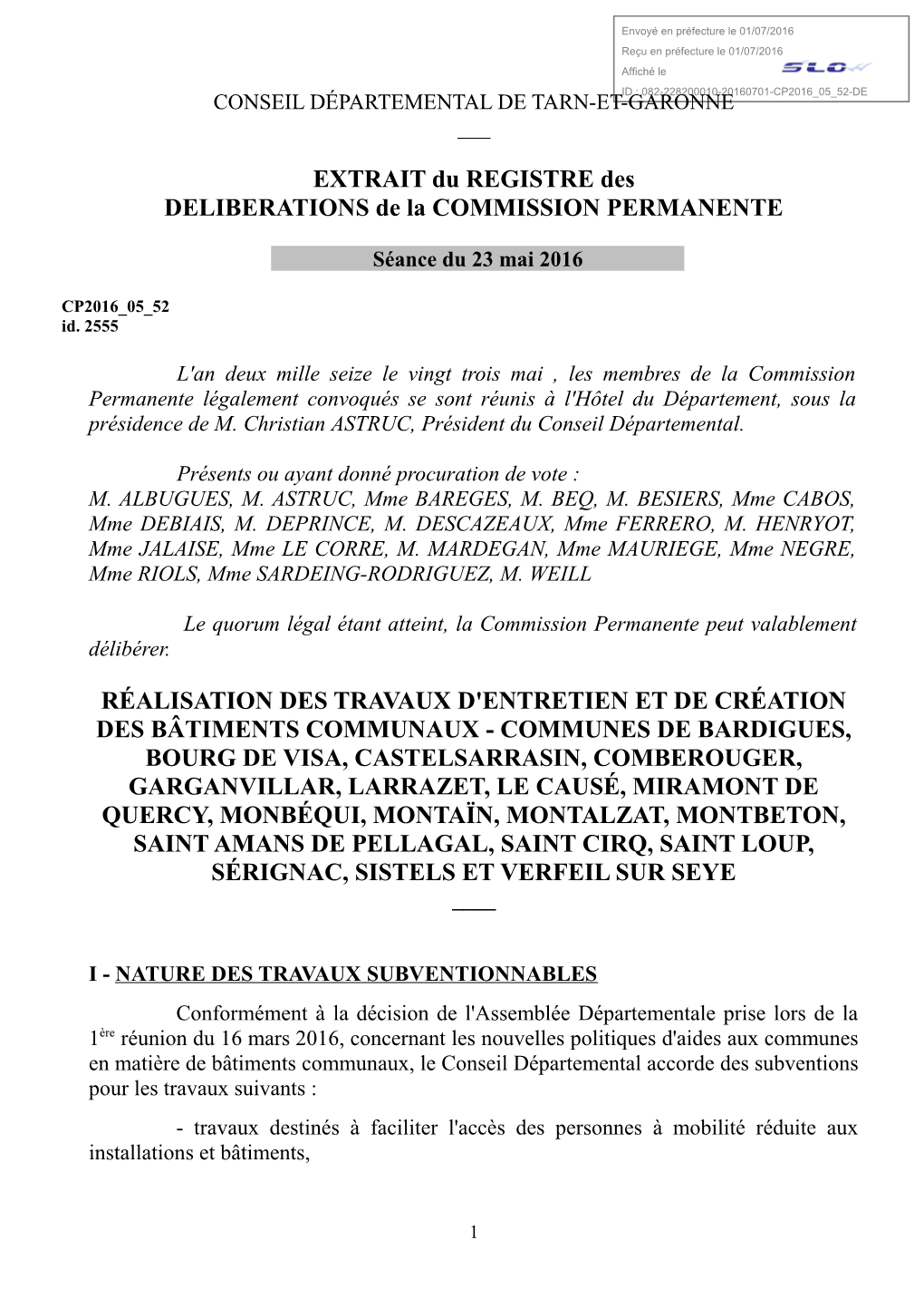 EXTRAIT Du REGISTRE Des DELIBERATIONS De La COMMISSION PERMANENTE