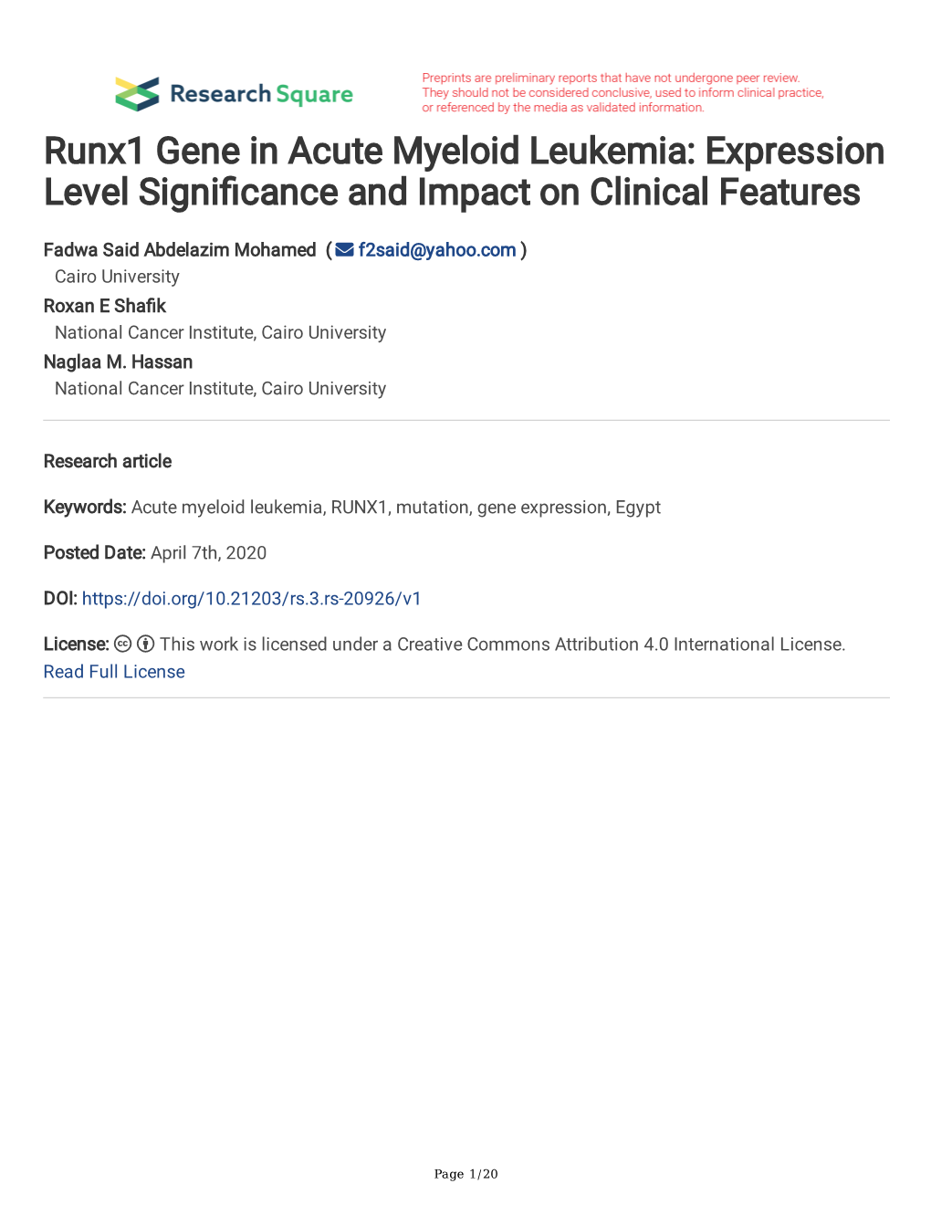 Runx1 Gene in Acute Myeloid Leukemia: Expression Level Signifcance and Impact on Clinical Features