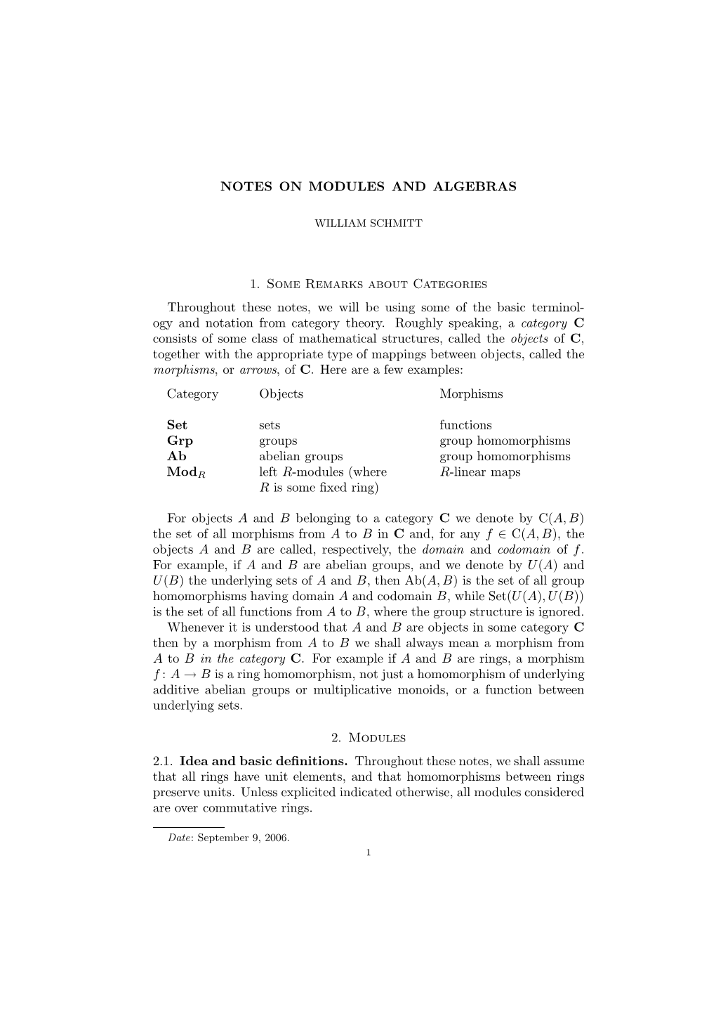 NOTES on MODULES and ALGEBRAS 1. Some Remarks About Categories Throughout These Notes, We Will Be Using Some of the Basic Termin