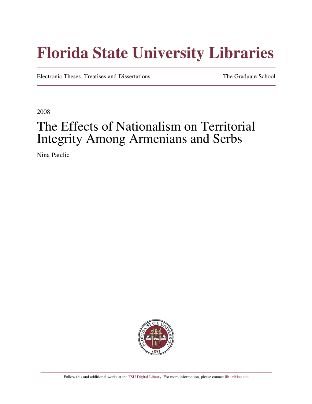 The Effects of Nationalism on Territorial Integrity Among Armenians and Serbs Nina Patelic