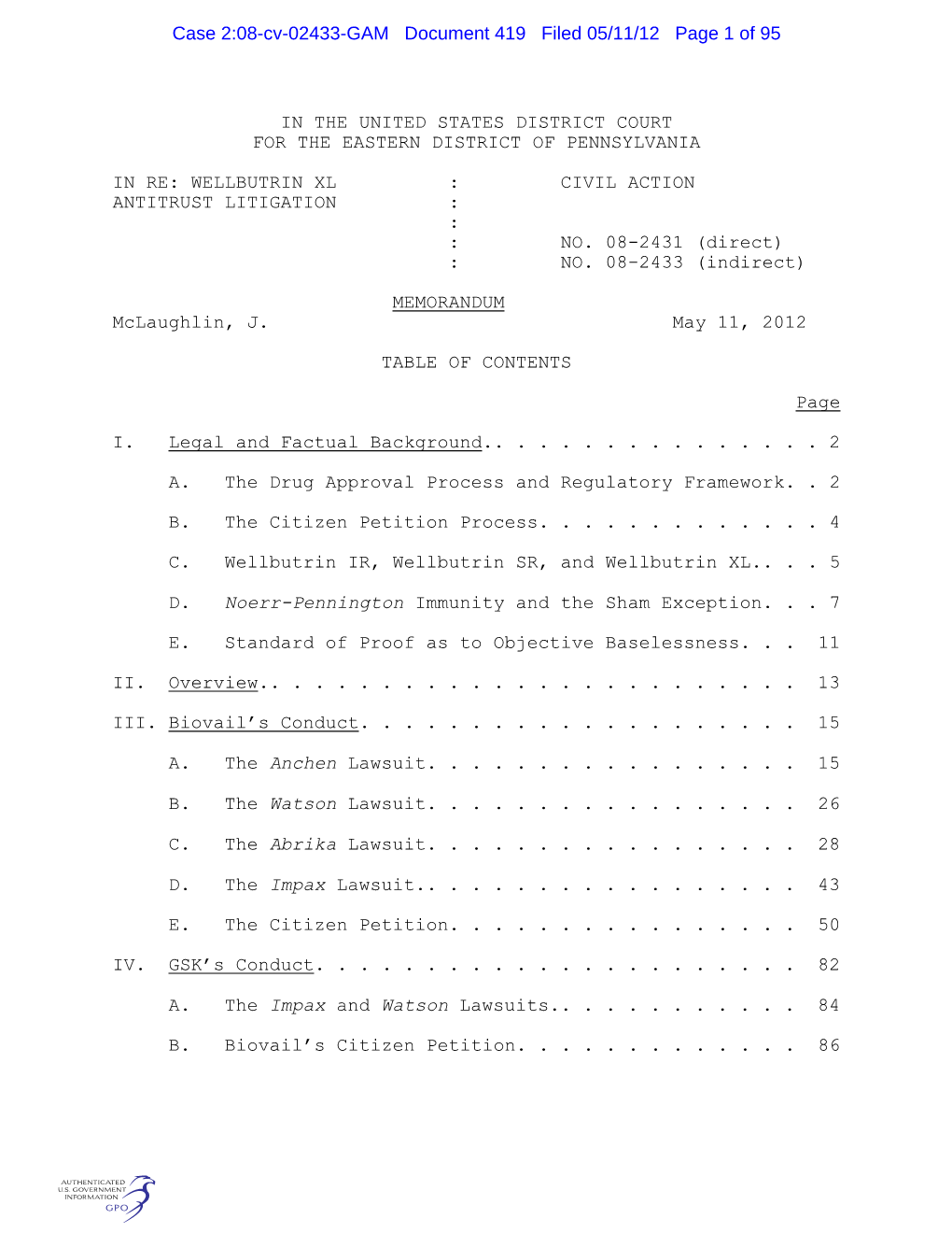 Wellbutrin Xl : Civil Action Antitrust Litigation : : : No