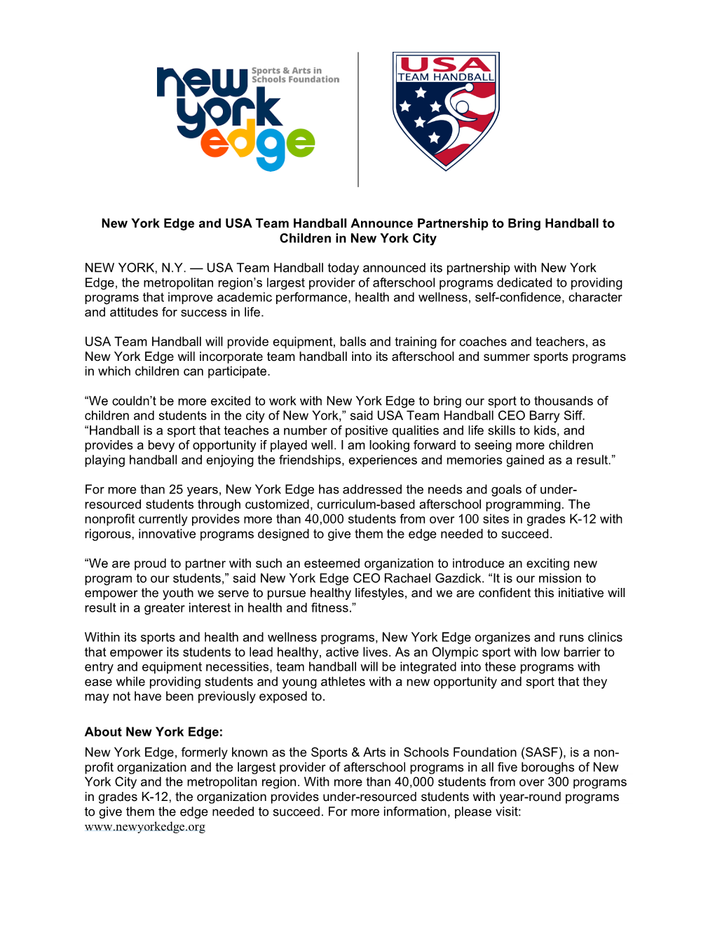 New York Edge and USA Team Handball Announce Partnership to Bring Handball to Children in New York City