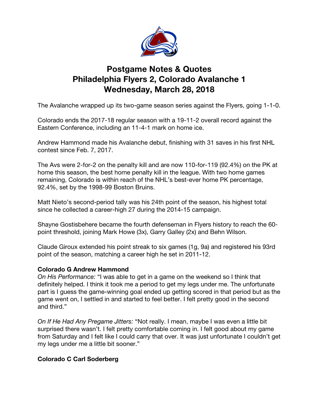 Postgame Notes & Quotes Philadelphia Flyers 2, Colorado
