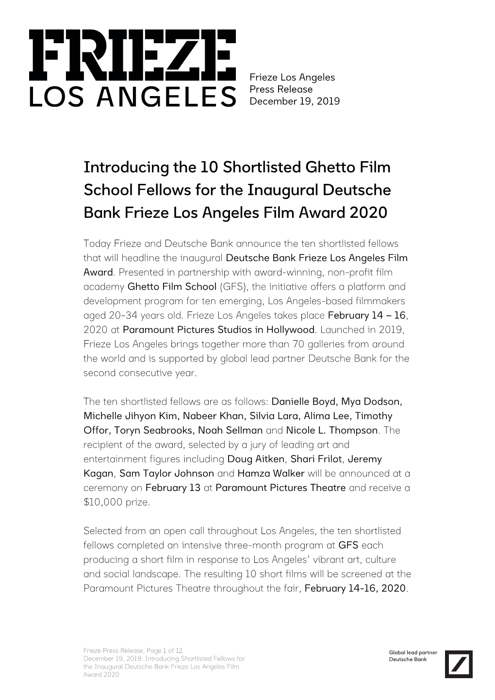 Introducing the 10 Shortlisted Ghetto Film School Fellows for the Inaugural Deutsche Bank Frieze Los Angeles Film Award 2020