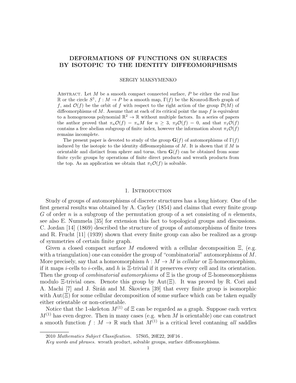 Deformations of Functions on Surfaces by Isotopic to the Identity Diffeomorphisms