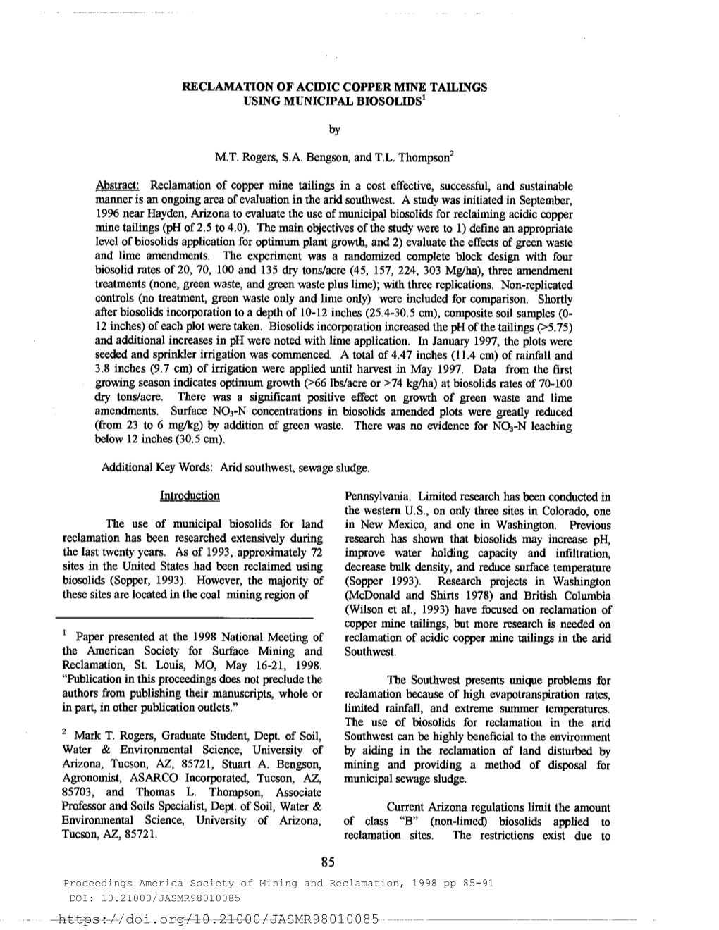 Reclamation of Acidic Copper Mine Tailings Using Municipal Biosolids1