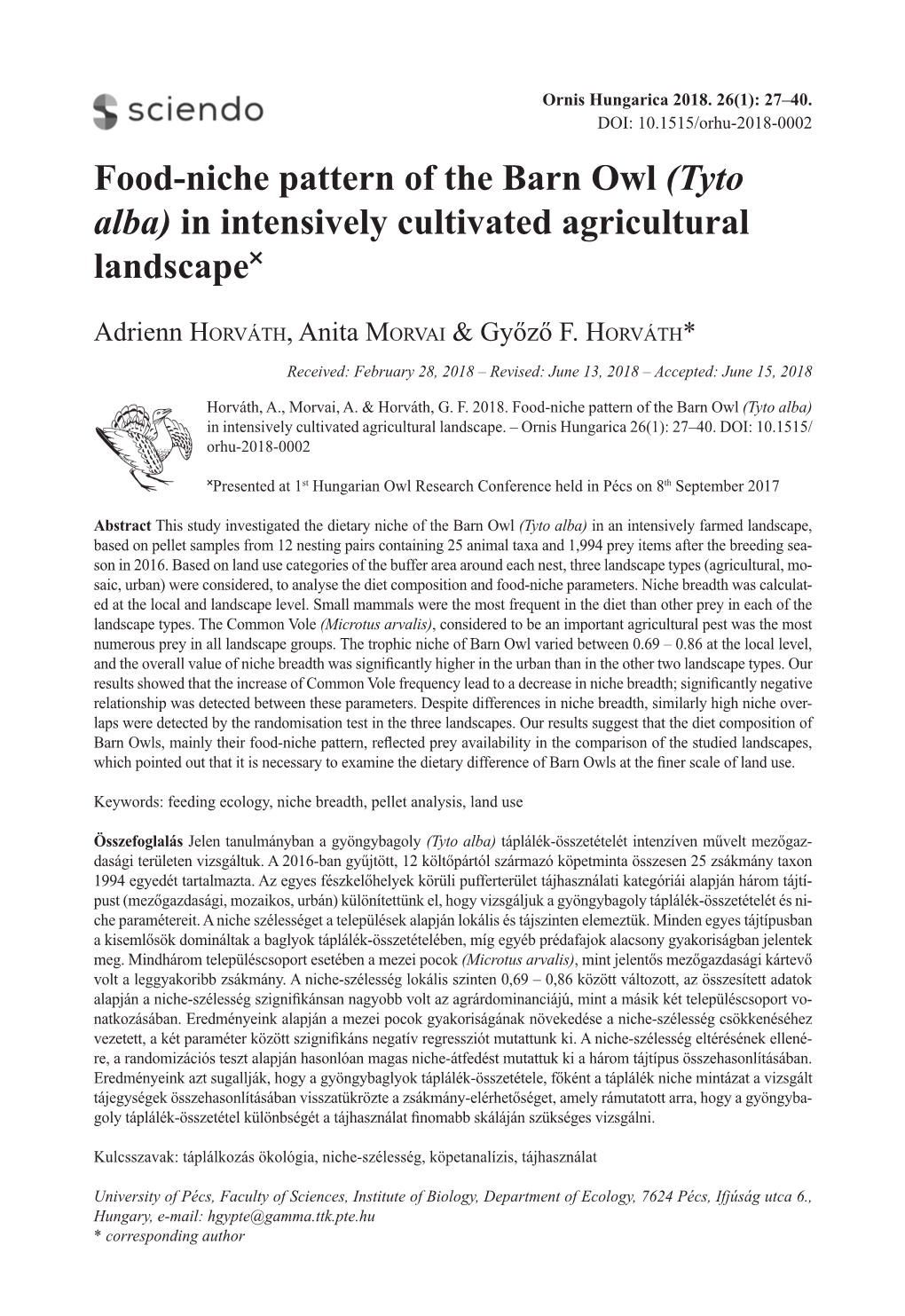 Food-Niche Pattern of the Barn Owl (Tyto Alba) in Intensively Cultivated Agricultural Landscape˟