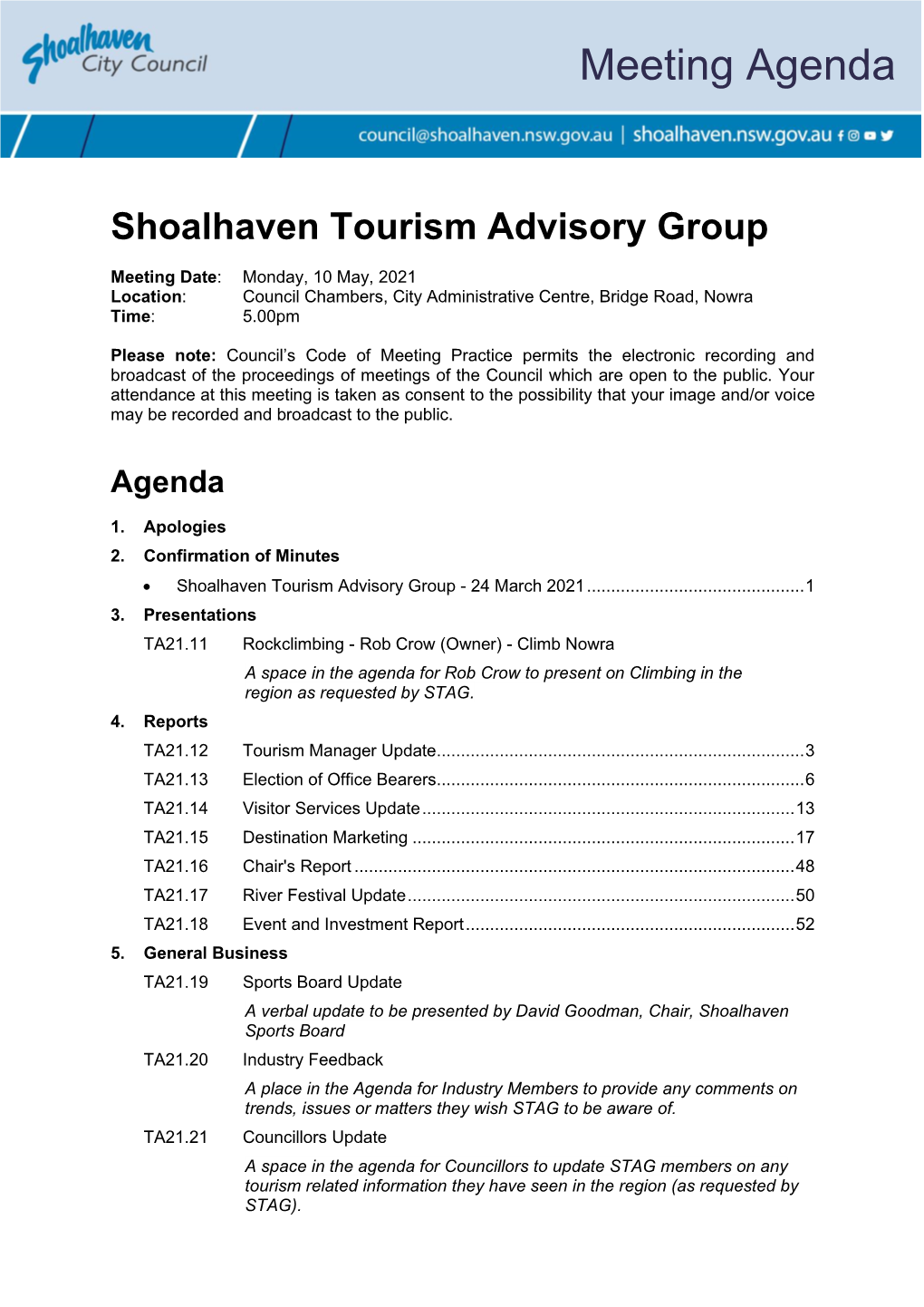 Agenda of Shoalhaven Tourism Advisory Group