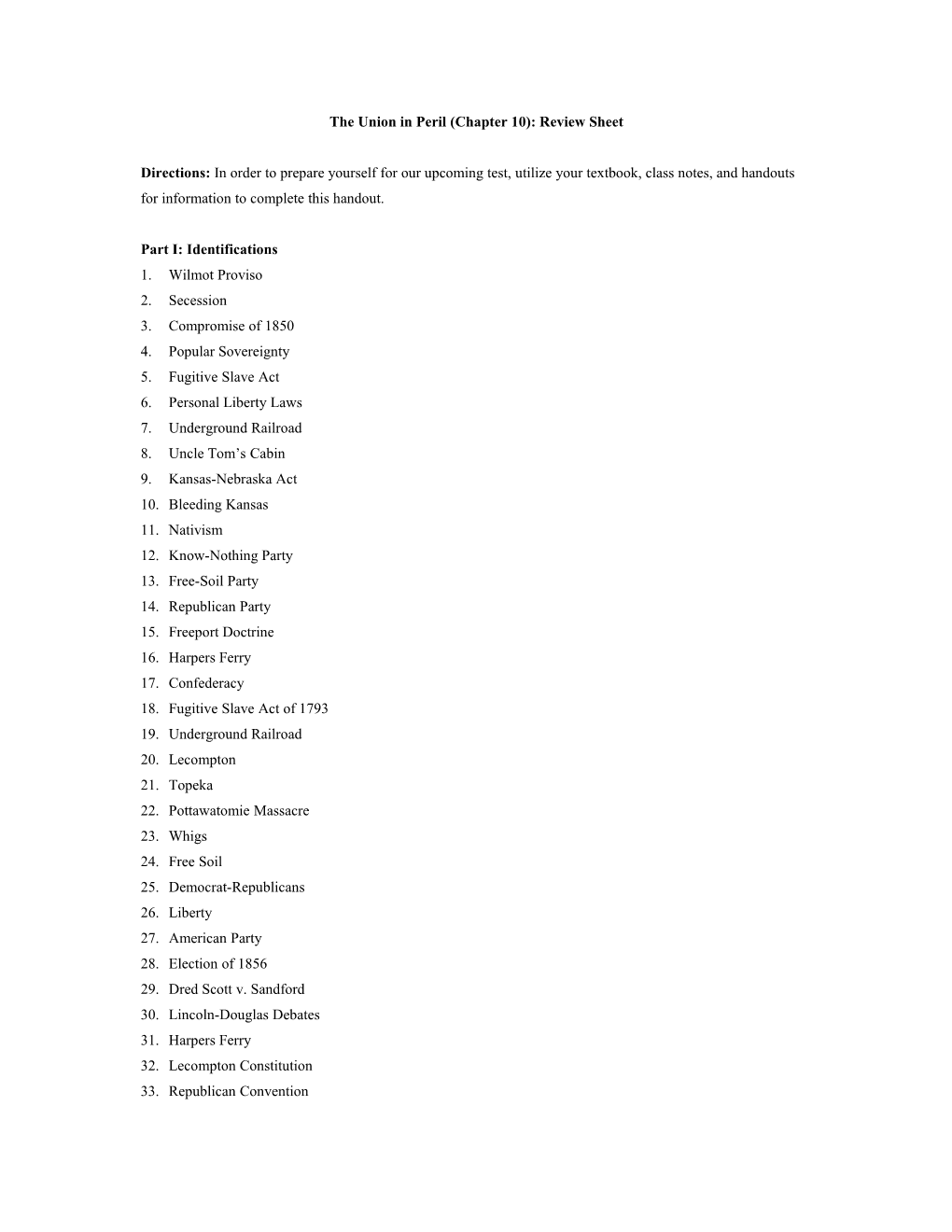 Shaping a New Nation (Chapter 5): Review Sheet