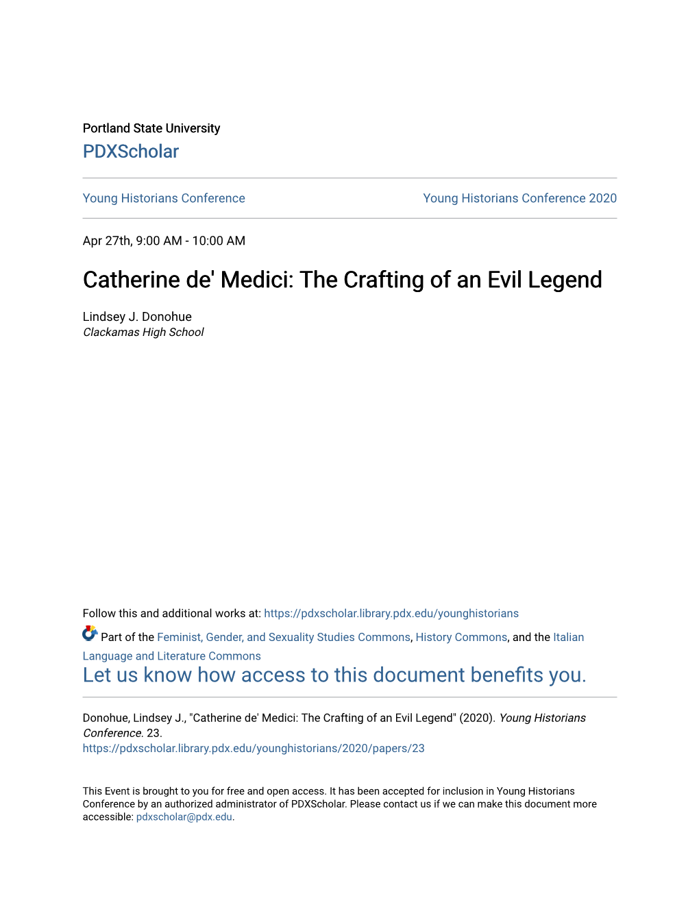 Catherine De' Medici: the Crafting of an Evil Legend