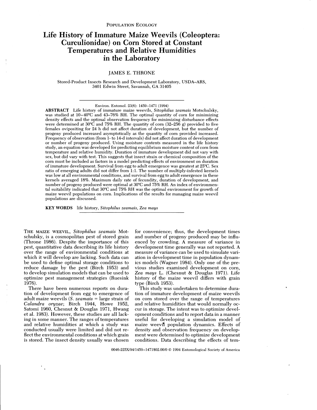 Life History of Immature Maize Weevils (Coleoptera: Curculionidae) on Corn Stored at Constant Temperatures and Relative Humiditi