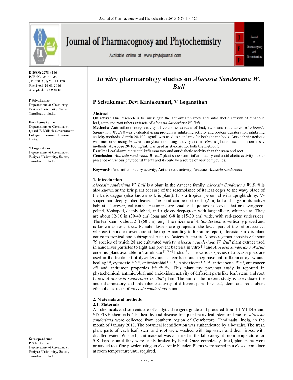 In Vitro Pharmacology Studies on Alocasia Sanderiana W. Bull