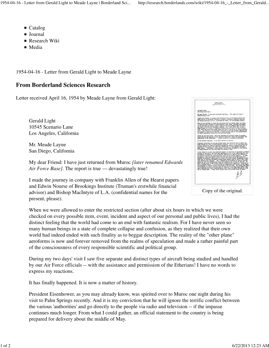 Letter from Gerald Light to Meade Layne | Borderland Sci