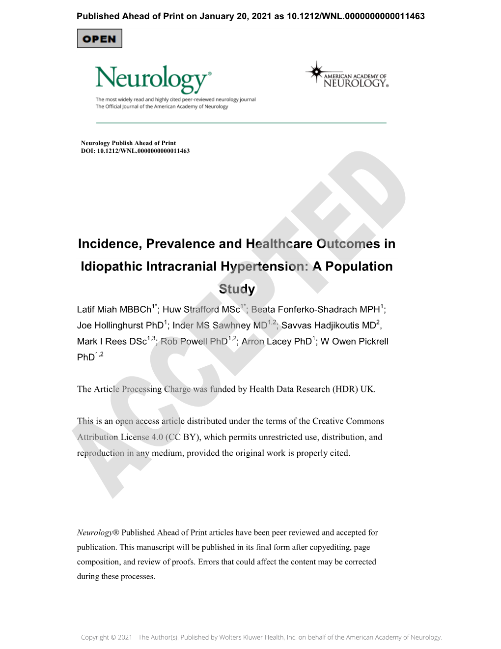 Incidence, Prevalence and Healthcare Outcomes in Idiopathic Intracranial