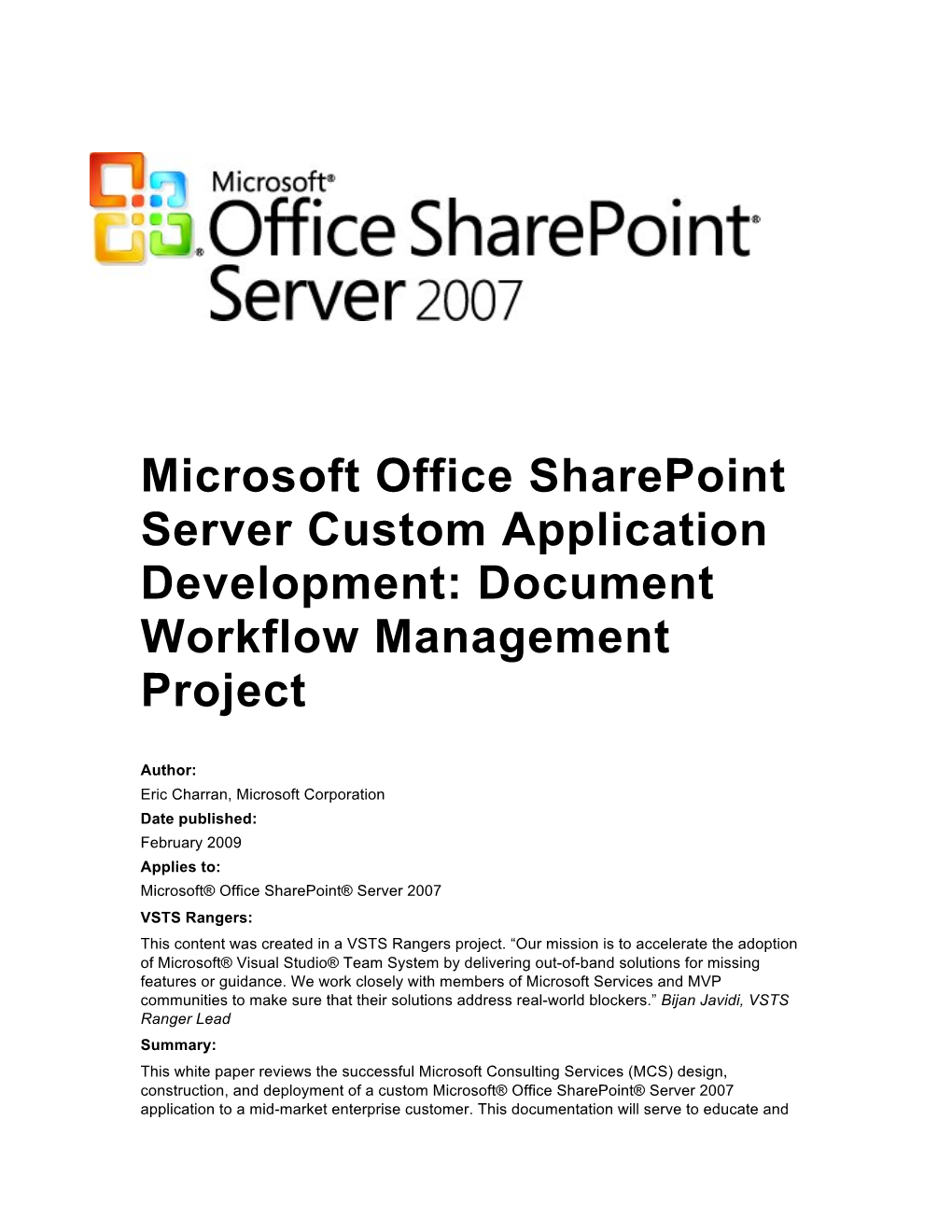 Microsoft Office Sharepoint Server Custom Application Development: Document Workflow Management Project