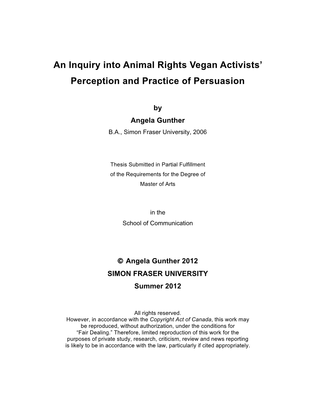 An Inquiry Into Animal Rights Vegan Activists' Perception and Practice of Persuasion